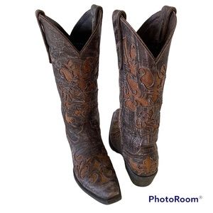 Lane Western Inlay Distressed Leather Boots Size 6.5